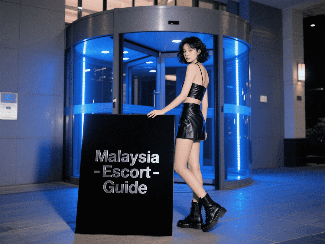 Woman in black leather outfit holding "Malaysia - Escort - Guide" sign.