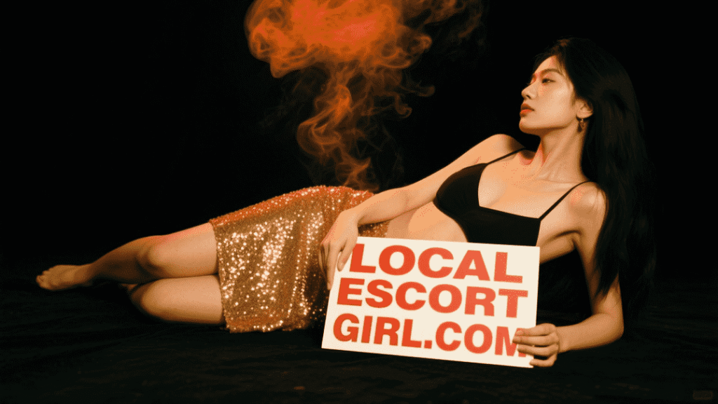Woman in gold sequined skirt holding sign: "LOCAL ESCORT GIRL.COM