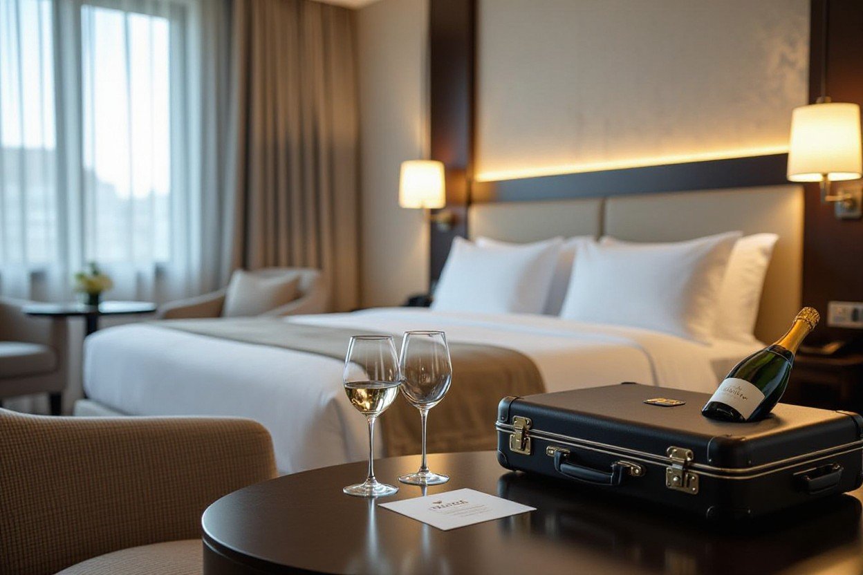 Luxury hotel room with champagne, wine glasses, and suitcase on a side table.