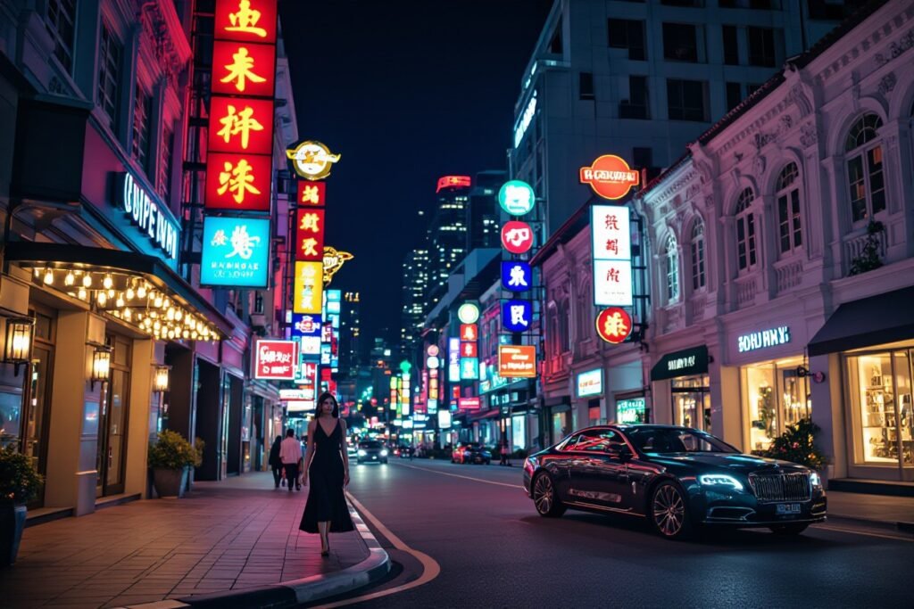 Woman in black dress walks past a Rolls Royce in a vibrant Singapore street at night.