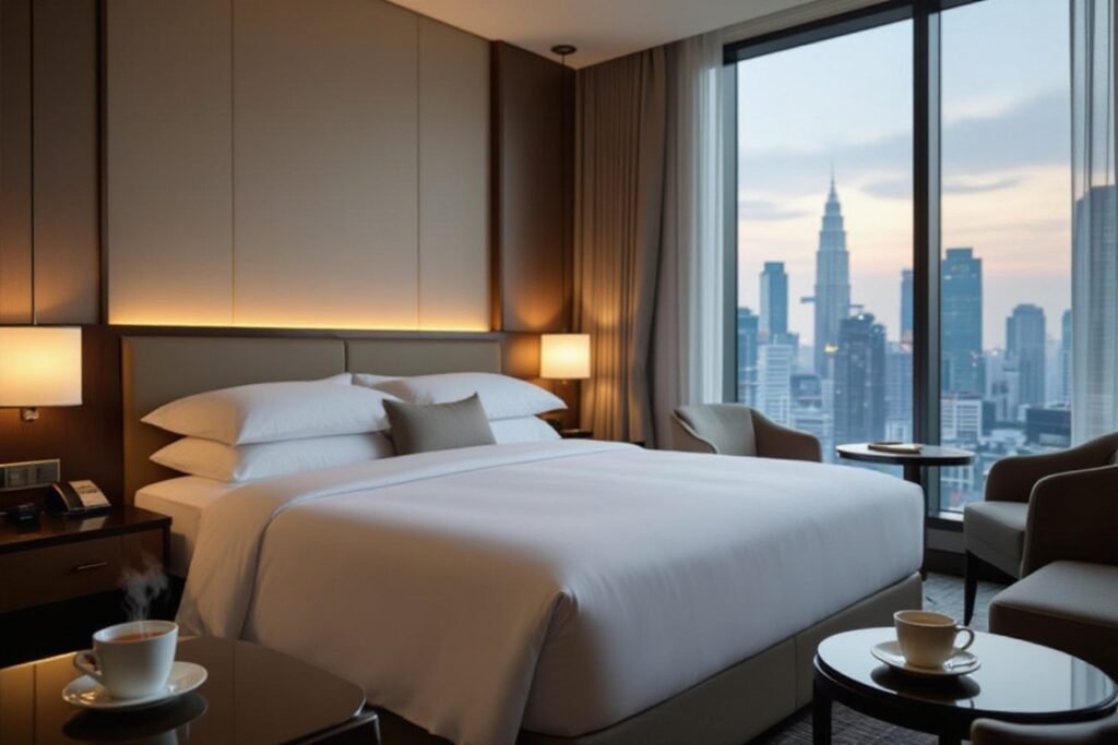 Luxury hotel room with city view. King bed, seating, and coffee cups on tables.