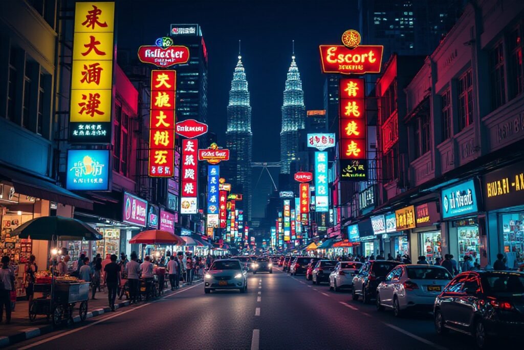 Kuala Lumpur street at night with neon signs and the Petronas Towers in the background.