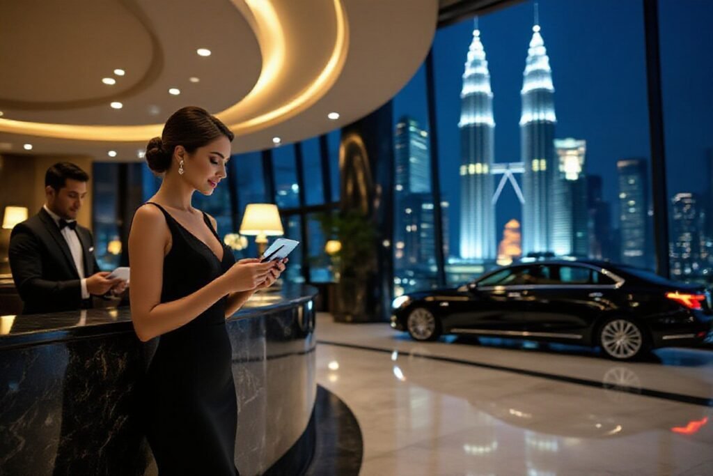 Luxury hotel lobby at night with Kuala Lumpur skyline view.