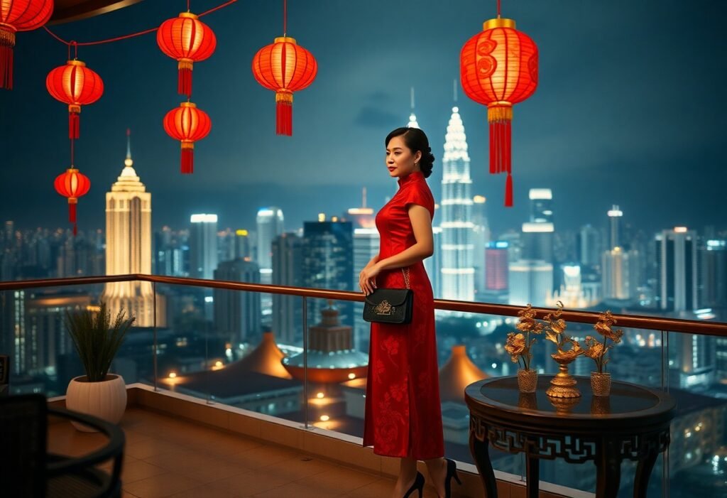 Woman in red dress with Kuala Lumpur skyline and lanterns