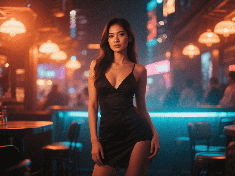 Woman in dress at KL nightlife spot. Location Scouting for outcall destination.