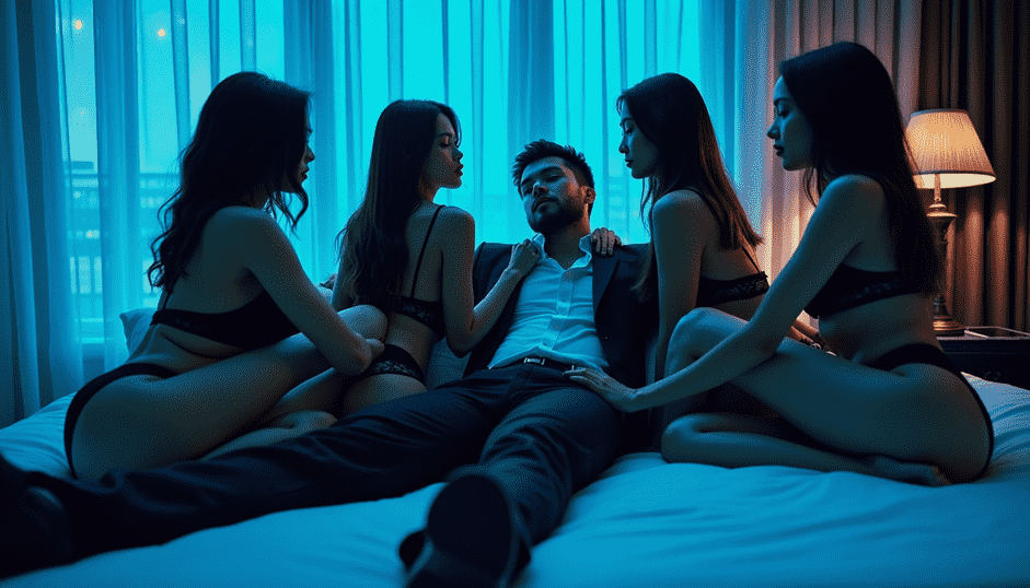 Man in suit surrounded by women in lingerie on a bed
