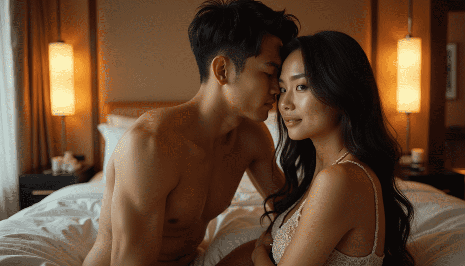 Couple embracing in a hotel room