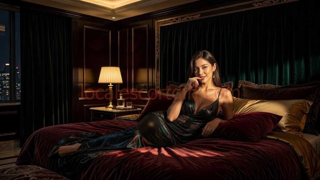 Elegant woman in a satin dress lounging on a luxurious bed in a dimly lit room.