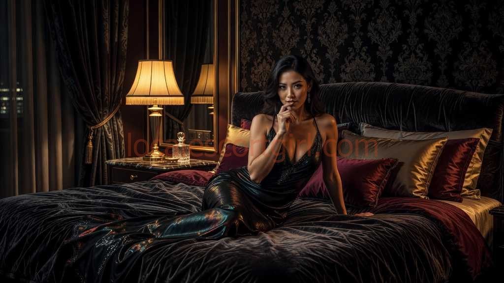 Elegant woman in a shimmering dress on a luxurious bed.