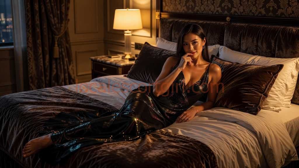 Elegant woman in a sequined dress relaxing on a luxurious hotel bed