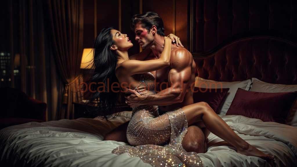 Couple embracing intimately on a luxurious bed