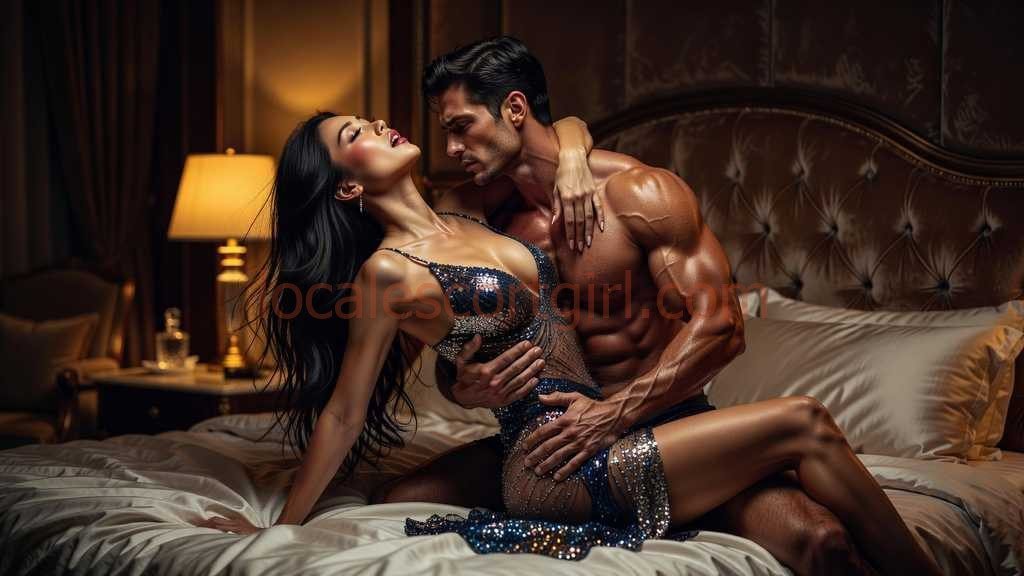 Couple embracing intimately in a luxurious bedroom setting