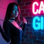 Woman in black dress near neon "CALL GIRL" sign