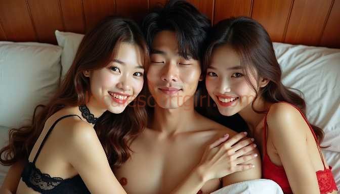 Young Asian couple in bed, smiling
