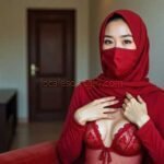 Woman wearing a red hijab and mask, seated in a red chair