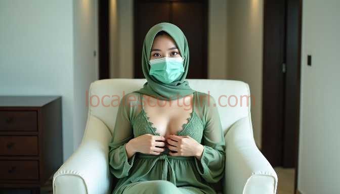 Woman in a green hijab and mask sits in a chair