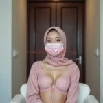 Woman in pink hijab and bra, wearing a pink face mask