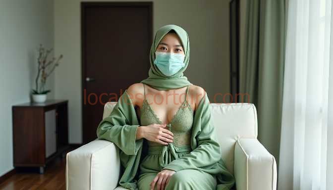 Woman in hijab and mask wearing green loungewear sits in a chair